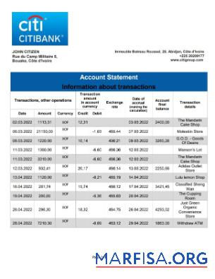 Blank Cote d'Ivoire Citibank bank statement word template